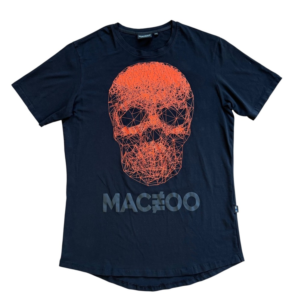 Maceoo Paris Mens XL Black Geometric Orange Skull Graphic T-Shirt Curved Hem